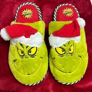 The Grinch Fuzzy Slippers with Santa Hat